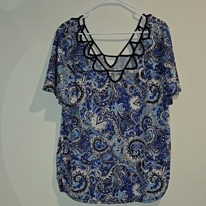 G Collection Blue Graphic Cut Out Blouse Short Sleeve